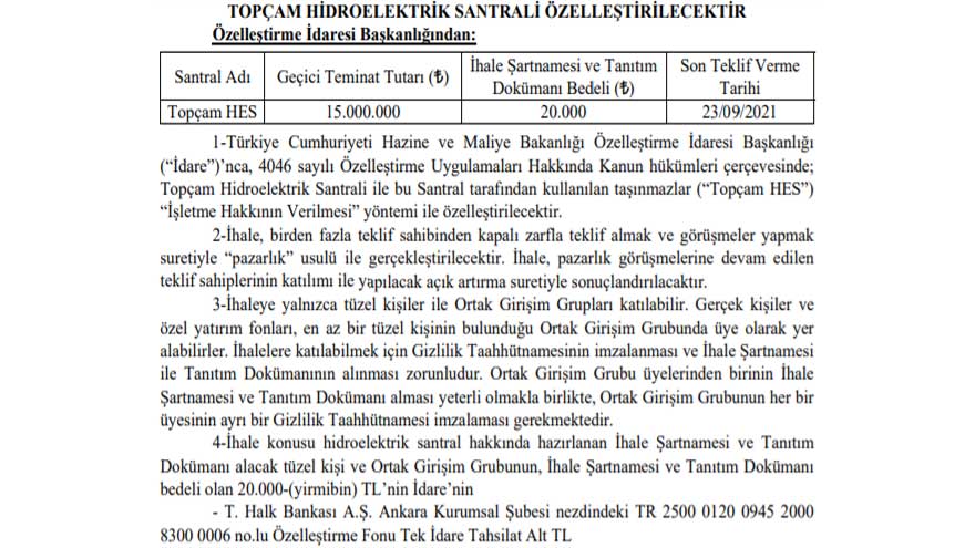 Topçam Hidroelektrik Santrali HES Özelleştirme İlanı Resmi Gazete İle Yayımlandı!