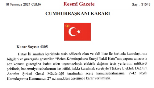 16 Temmuz 2021 Acele Kamulaştırma Kararları Resmi Gazete'de Yayımlandı