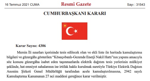 16 Temmuz 2021 Acele Kamulaştırma Kararları Resmi Gazete'de Yayımlandı