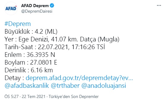 Ege Bölgesi Beşik Gibi! AFAD Muğla Datça'da Deprem Olduğunu Açıkladı!