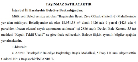 Başakşehir Belediyesi 18 Bin Metrekarelik Konut İmarlı Arsayı İhaleyle Satışa Çıkardı!