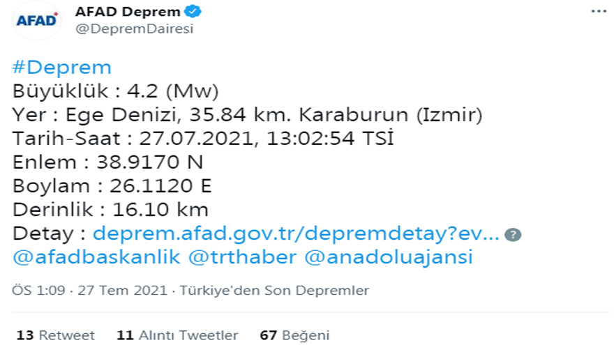 Son Dakika: İzmir Yine Sallandı, AFAD Karaburun Depremini Duyurdu