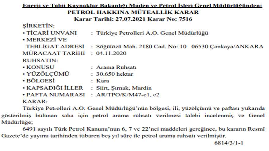 Resmi Gazete İle Yayımlandı! TPAO Mardin, Şırnak, Siirt ve Erzurum'da Petrol Arayacak