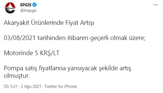 Ağustos Ayının İlk Zammı Akaryakıttan Geldi! EPGİS Motorinin Litre Fiyatının Arttığını Açıkladı!