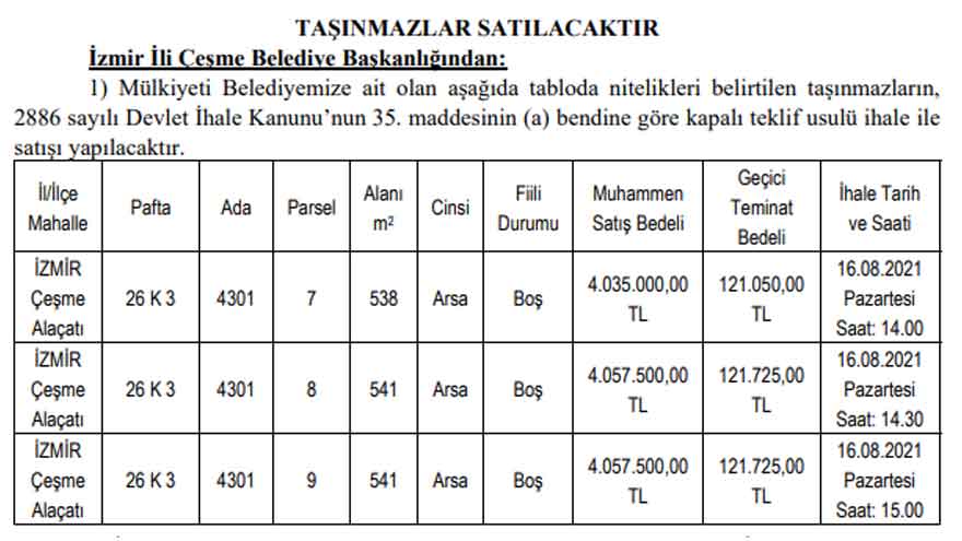 Çeşme Belediyesi Arsa Satışı İçin İlan Yayımladı!