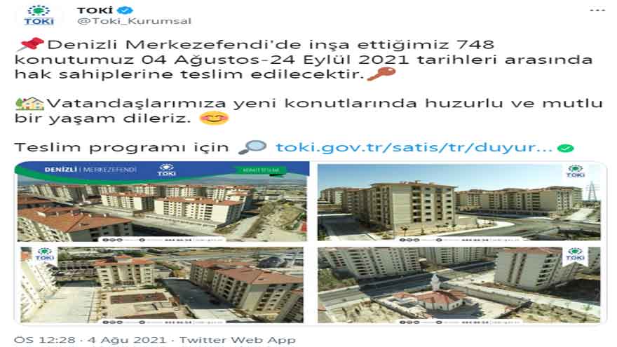 TOKİ Denizli Merkezefendi 748 Konut Teslim Programı Tarihleri Açıklandı!