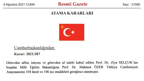 Son Dakika Kabine Değişikliği Resmi Gazete'de! Milli Eğitim Bakanlığına Atanan Mahmut Özer Kimdir?