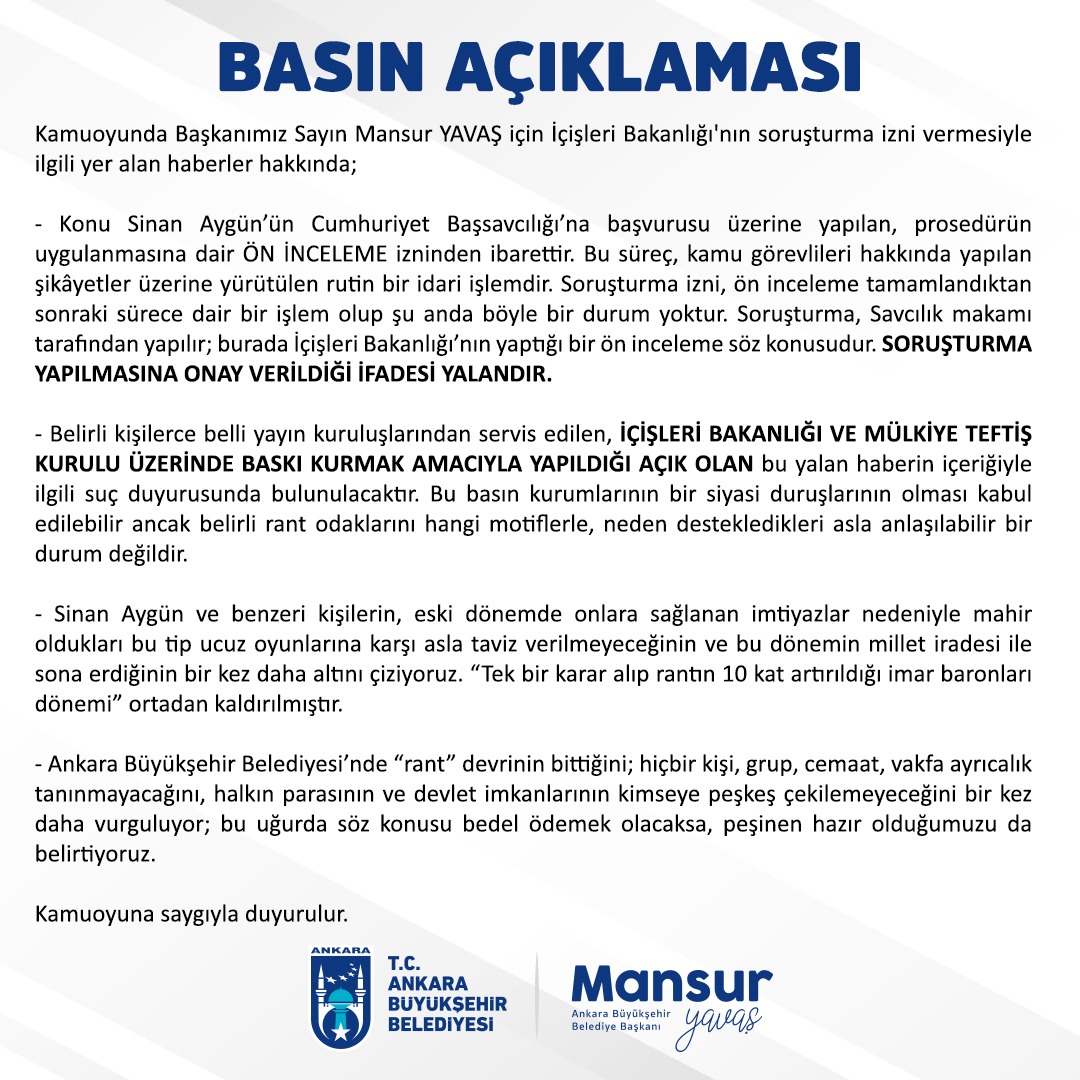 Mansur Yavaş'a İnceleme Başlatıldı Haberlerine Resmi Açıklama Geldi!