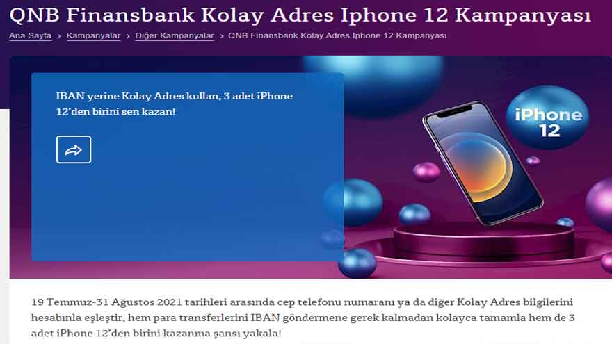 Kolay Adres Tanımlayan Herkese QNB Finansbank'tan Bedava iPhone 12 Kazanma Fırsatı!