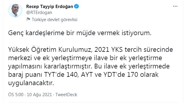 Cumhurbaşkanı Erdoğan Açıkladı! 2021 YKS Baraj Puanı Düşürüldü