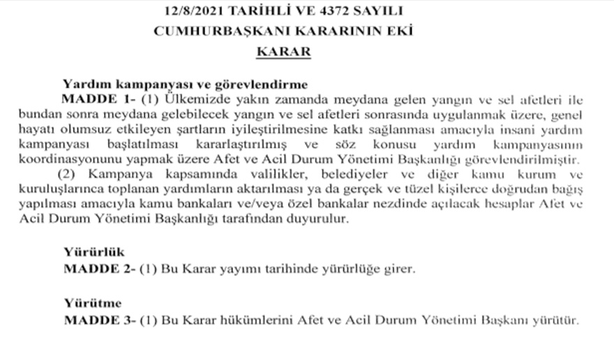 Yangın ve Sellerden Zarar Görenler İçin Yardım Kampanyası Kararı Resmi Gazete'de Yayımlandı!