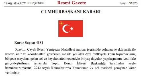 Resmi Gazete Acele Kamulaştırma Kararları! Cumhurbaşkanı Erdoğan TOKİ'ye Yetki Verdi!