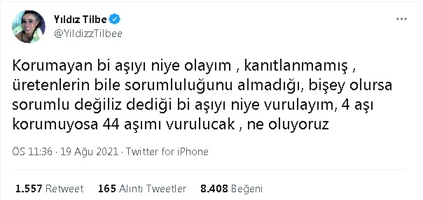 Yıldız Tilbe'den Aşı Karşıtı Açıklamalar! Korumuyor Olmayacağım