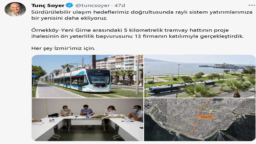 İzmir'e Yeni Tramvay Hattı Müjdesi! Örnekköy Yeni Girne Tramvay Hattı Projesi Geliyor