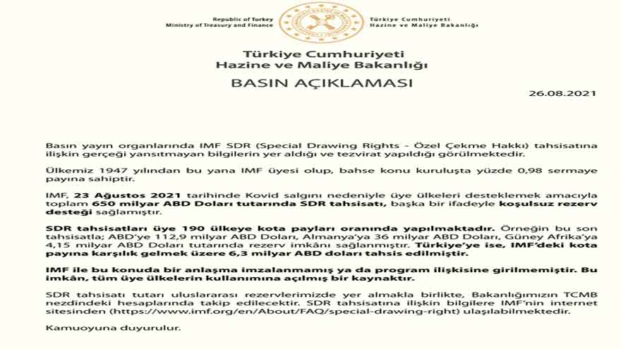 Hazine ve Maliye Bakanlığından Son Dakika IMF SDR Açıklaması Geldi!