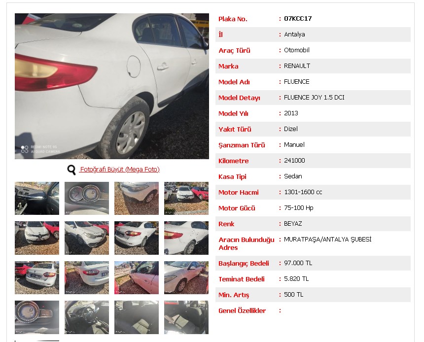 97.000 TL'de İlk Teklif Bekleniyor! Ziraat'ten Satılık 2013 Model Renault Fluence