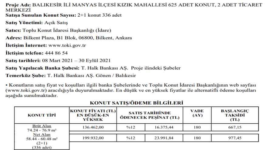 Aylık Hane Geliri 6 Bin 500 Liradan Az Olana 667 TL Taksitle TOKİ Alt Gelir Grubu Ucuz Konut Satış İlanları