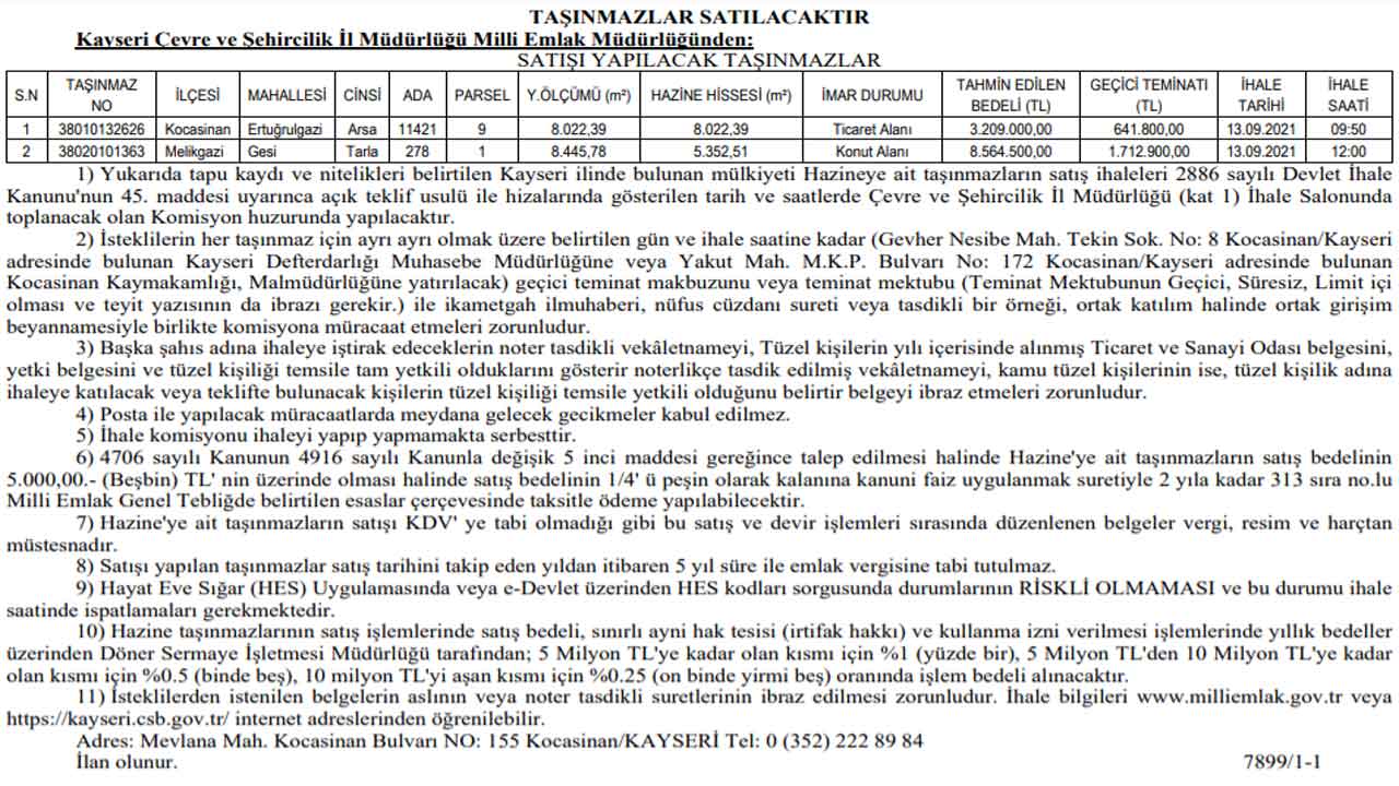 Milli Emlak Müdürlüğü İstanbul ve Kayseri'de Arsa Satış İlanı Yayımlandı!