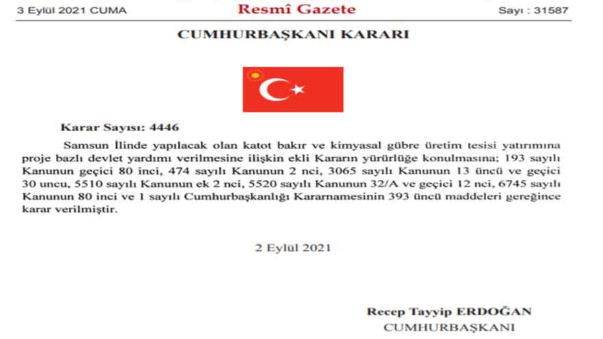 Samsun Eti Bakır Gübre Tesisi İçin Devlet Teşviki Kararı Resmi Gazete'de!