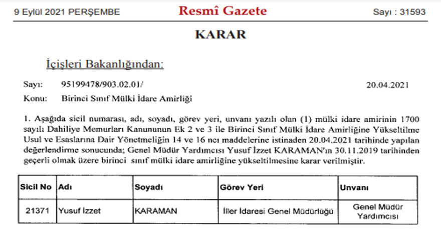 Birinci Sınıf Mülki İdare Amirliğine Yükseltilme Kararı Resmi Gazete'de!