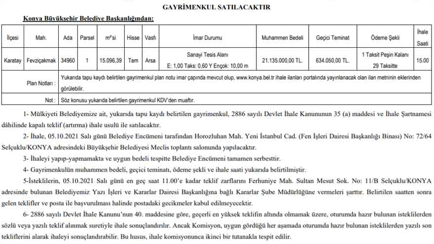 Konya Büyükşehir Belediyesi'nden 21 Milyonluk Arsa Satış İhalesi İlanı!