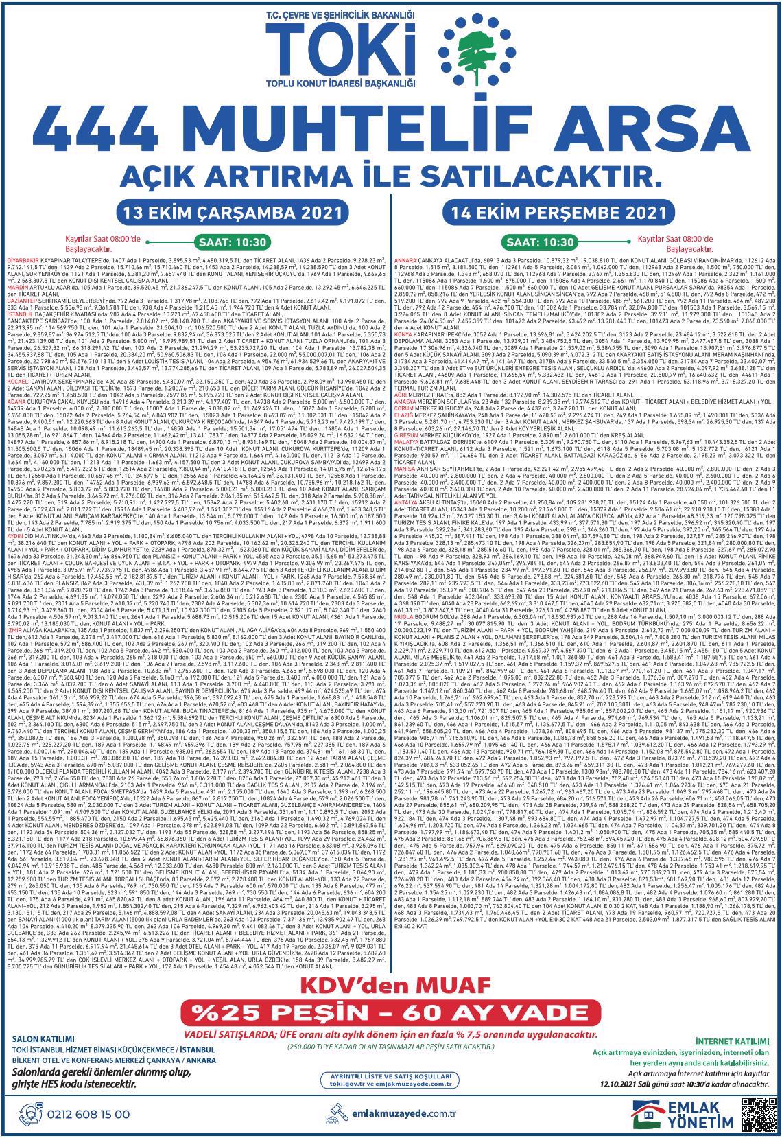 Konut, Ticaret, Akaryakıt İstasyonu, Turizm İmarlı 444 Arsa KDV'siz 60 Ay Vadeyle TOKİ'den Satılık