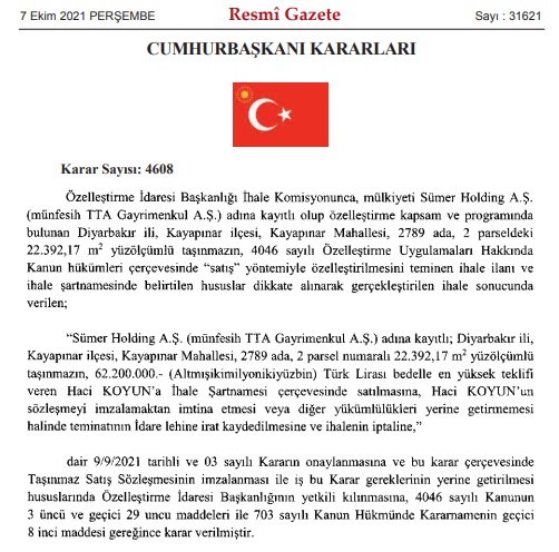 Cumhurbaşkanı İmzasıyla Resmi Gazete'de 4 Ayrı Özelleştirme Kararı Yayınlandı! İhale Sonuçları Belli Oldu!