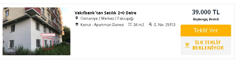 3.900 TL Peşinat, 598 TL Konut Kredisi Taksitiyle Vakıfbank'tan Satılık Daire