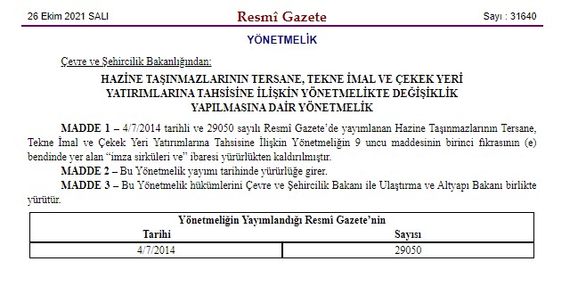 Hazine Taşınmazlarının Tersane, Tekne İmal ve Çekek Yeri Yatırımlarına Tahsisine İlişkin Yönetmelikte Değişti!