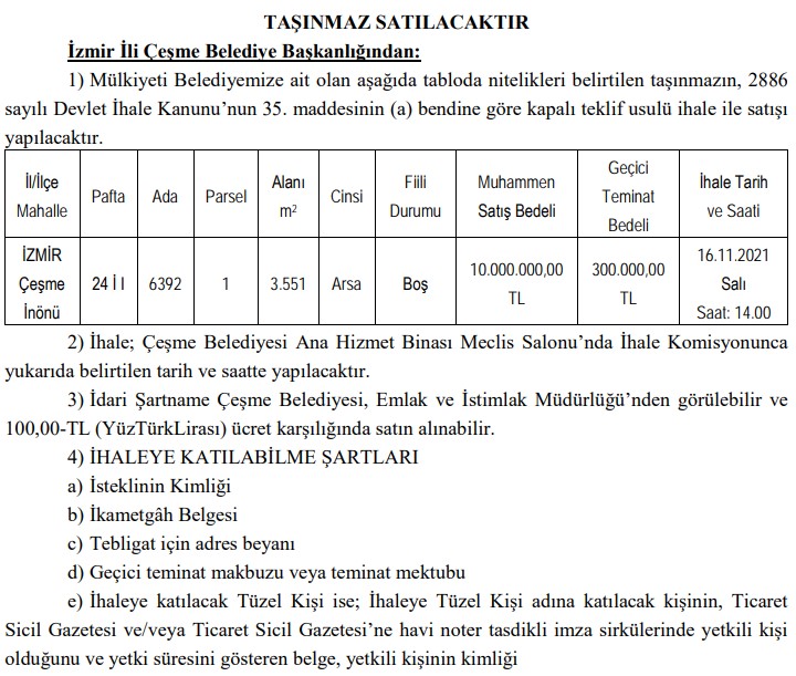 Satılık Kelepir Arsa Arayanlara Çeşme Belediyesi Taşınmaz Satışı Arsa Satış İhalesi İlanı Yayımladı!