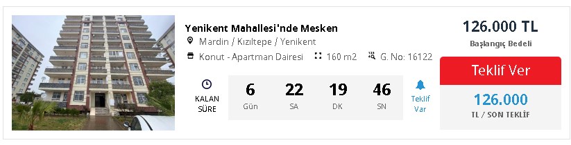 Ziraat Bankası 160 m2 3+1 Apartman Dairesi 126.000 TL