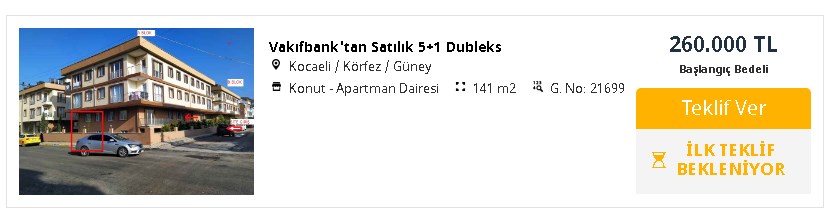 Vakıfbank Bahçe Dubleksi 5+1 Daireyi 260.000 TL'ye Satıyor