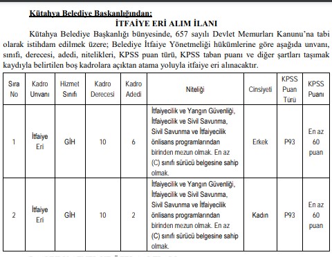 Kütahya Belediyesi İtfaiye Eri Alımı İlanı Yayımlandı! 60 KPSS Puanı ile Belediye Personel Alım İlanları