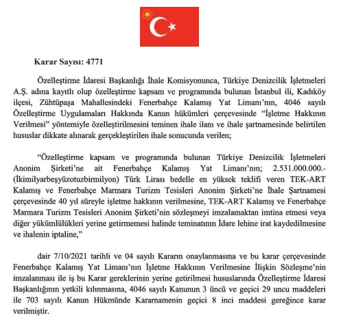 Özelleştirme İhaleleri Sonuçları Resmi Gazete'de! Fenerbahçe Kalamış Yat Limanı Özelleştirme İhalesi Sonucu!
