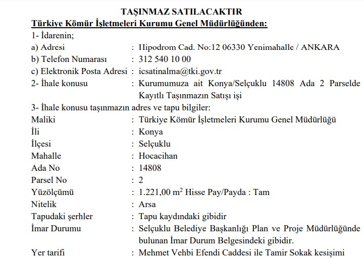 Türkiye Kömür İşletmeleri  Arsa Satış İhalesi Düzenliyor!