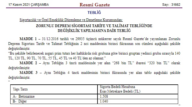 Resmi Gazete'de Yayınlandı Tarife Değişti! İşte Zorunlu Deprem Sigortası Yeni Asgari Prim Tutarları!