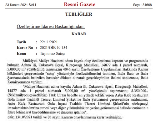 Ankara, İzmir, Adana, Erzurum! Özelleştirme İhaleleri Sonuçları Resmi Gazete'de Yayınlandı!