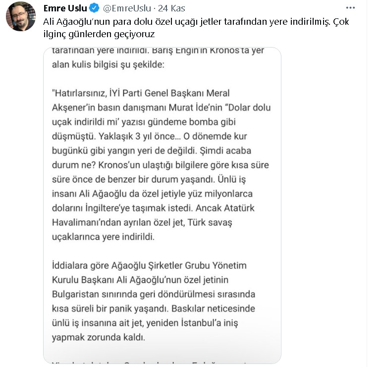 Dolar Yüklü Özel Uçağını F-16'ların Engellediği İddia Edilmişti! Ali Ağaoğlu İddialara Yanıt Verdi