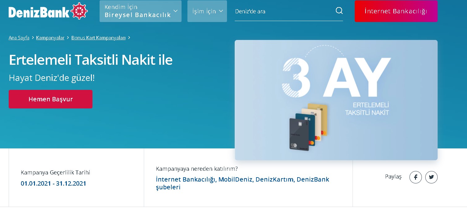 Denizbank Kredi Kartı Olanlara Şimdi Al Mart 2022'de Öde İhtiyaç Kredisi Veriyor!
