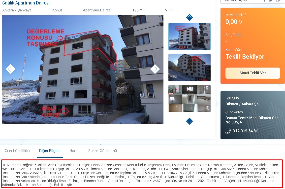 Ankara'da 20 m2 Teraslı 195 m2 4 Odalı Apartman Dairesi Halkbank'ta 140.000 TL