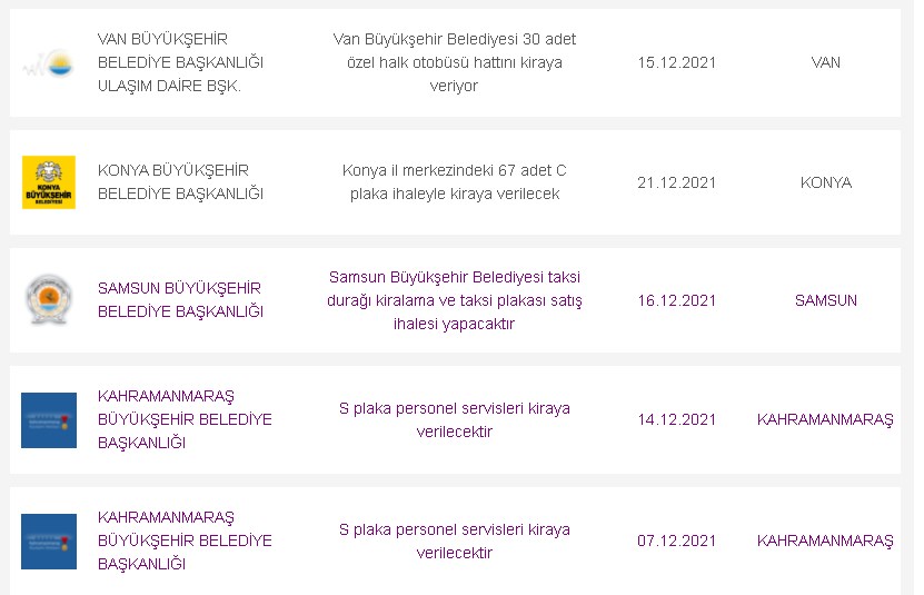 Taksi, Özel Halk Otobüsü, Okul Servisi Hat Plaka İhale İlanları 6-10 Aralık 2021