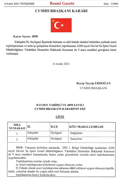 DSİ Resmi Gazete İle Yayımladı! Eskişehir'de Arazi Toplulaştırması Yapılan Yerler Belli Oldu