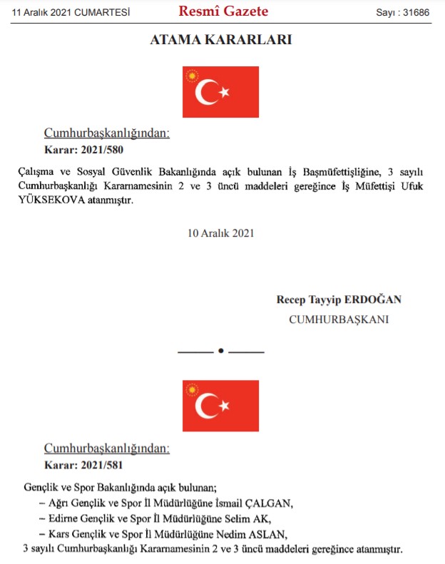 11 Aralık Tarihli Atama Kararnamesi! İşte Cumhurbaşkanı Kararı İle Görevden Alınan ve Atanan Yeni İsimler