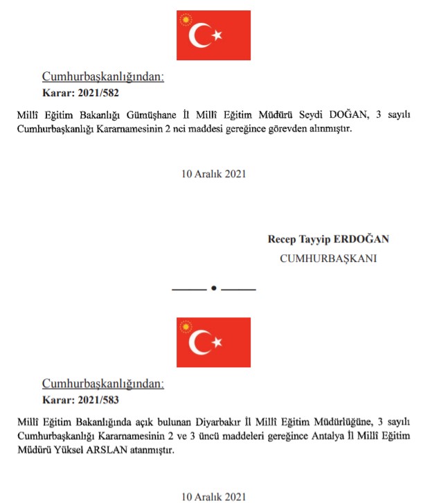 11 Aralık Tarihli Atama Kararnamesi! İşte Cumhurbaşkanı Kararı İle Görevden Alınan ve Atanan Yeni İsimler