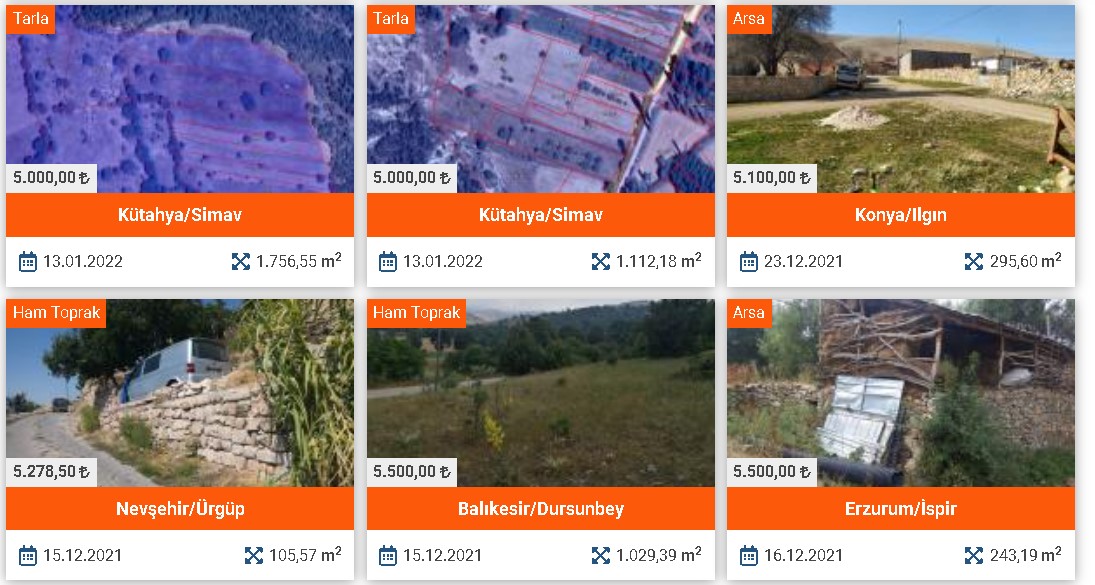 Milli Emlak KDV'siz, Vergisiz Satıyor: 800 M2 Tarla 2 Bin TL, 1000 M2 Bağ 3 Bin TL, 800 M2 Bahçe 4 Bin TL, Arsa 5 Bin TL