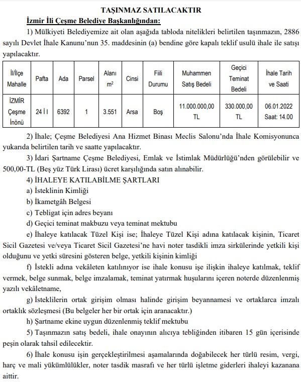 Herkes Arayıp Bulamıyordu! Çeşme Belediyesi Arsa Satışı İçin İhale İlanı Yayımladı