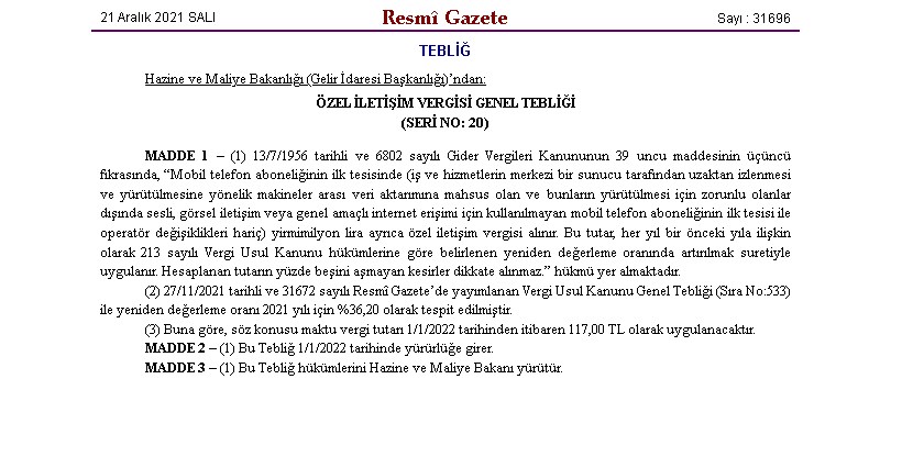 Son Dakika: Özel İletişim Vergisine Zam! Özel İletişim Vergisi Zammı 2022 Resmi Gazete'de Yayımlandı!