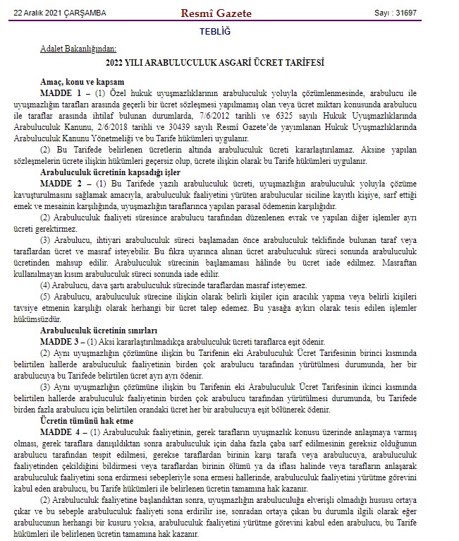 Arabuluculuk Asgari Ücret Tarifesi 2022 Yayımlandı! Dava Şartı Arabuluculuk Ücreti Kaç TL Oldu?
