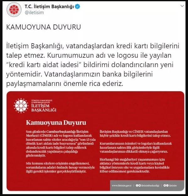 Yılsonu Geldi, Cumhurbaşkanlığı Kredi Kartı  Aidat İadesi Dolandırıcılığı Başladı! Tek Tıkla Tüm Paranızı Boşaltıyorlar