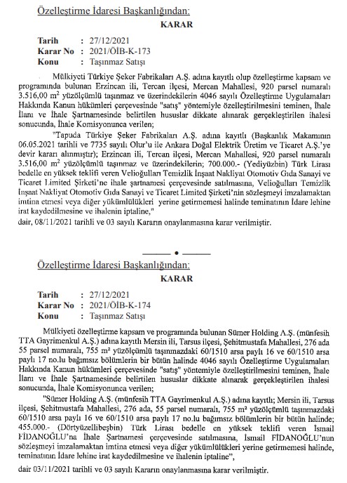 Şeker Fabrikaları, Sümer Holding, Hazine Arazileri! 10 İlde Özelleştirme Kararları Alındı